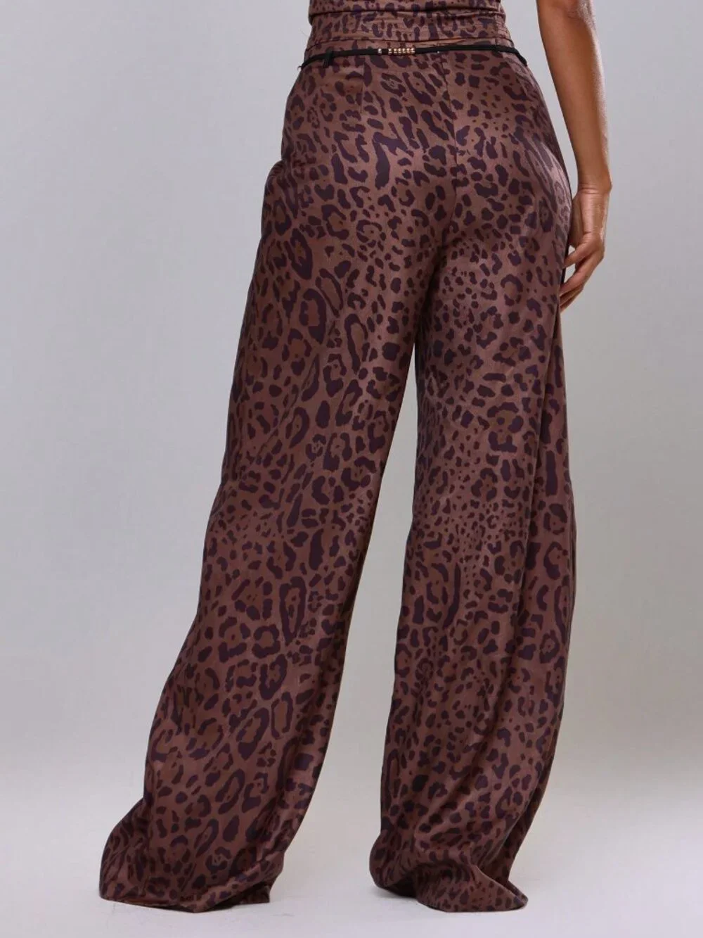 Brown Casual Women's Printed Beaded Belt Baggy Wide Leg Trousers